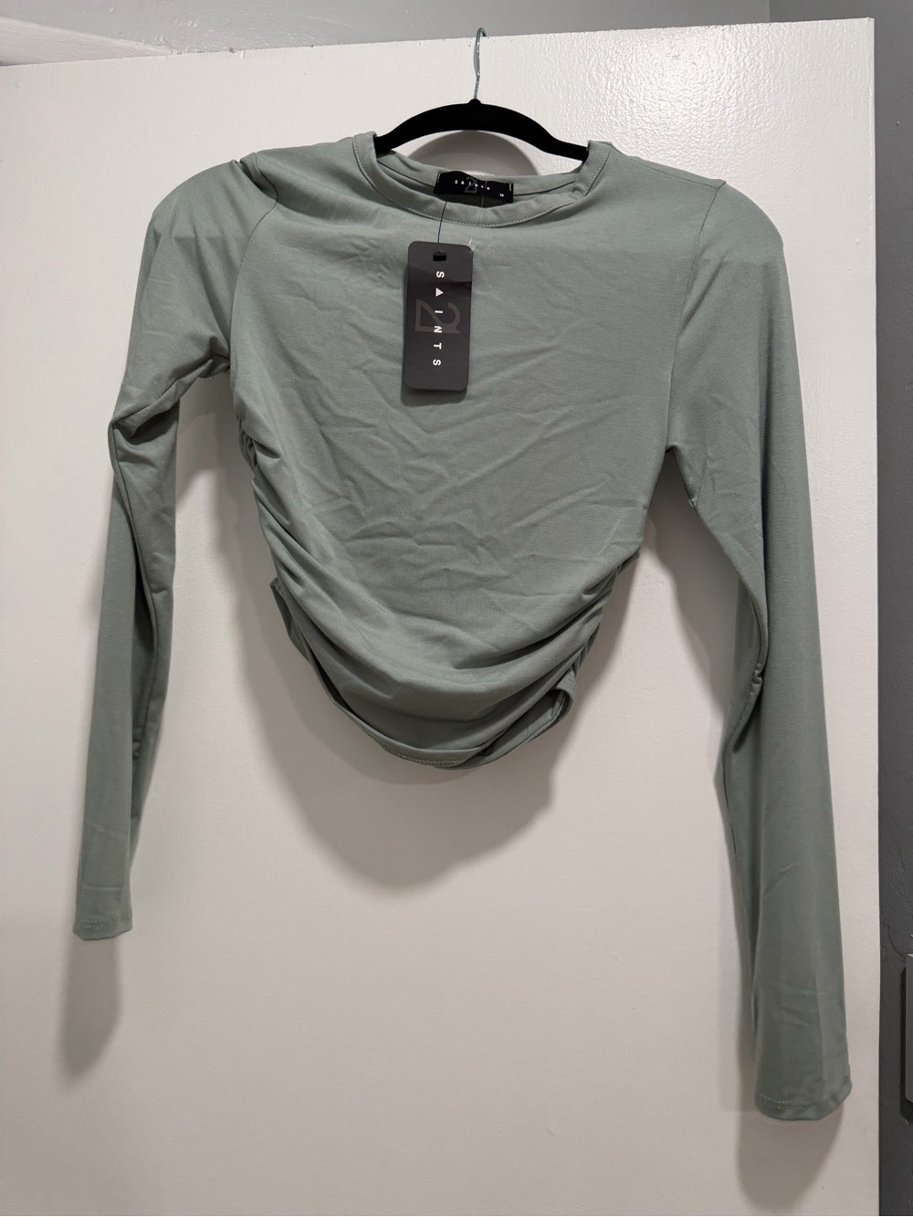 Women's Sage Green Long Sleeve Ruched Crop Top and pants